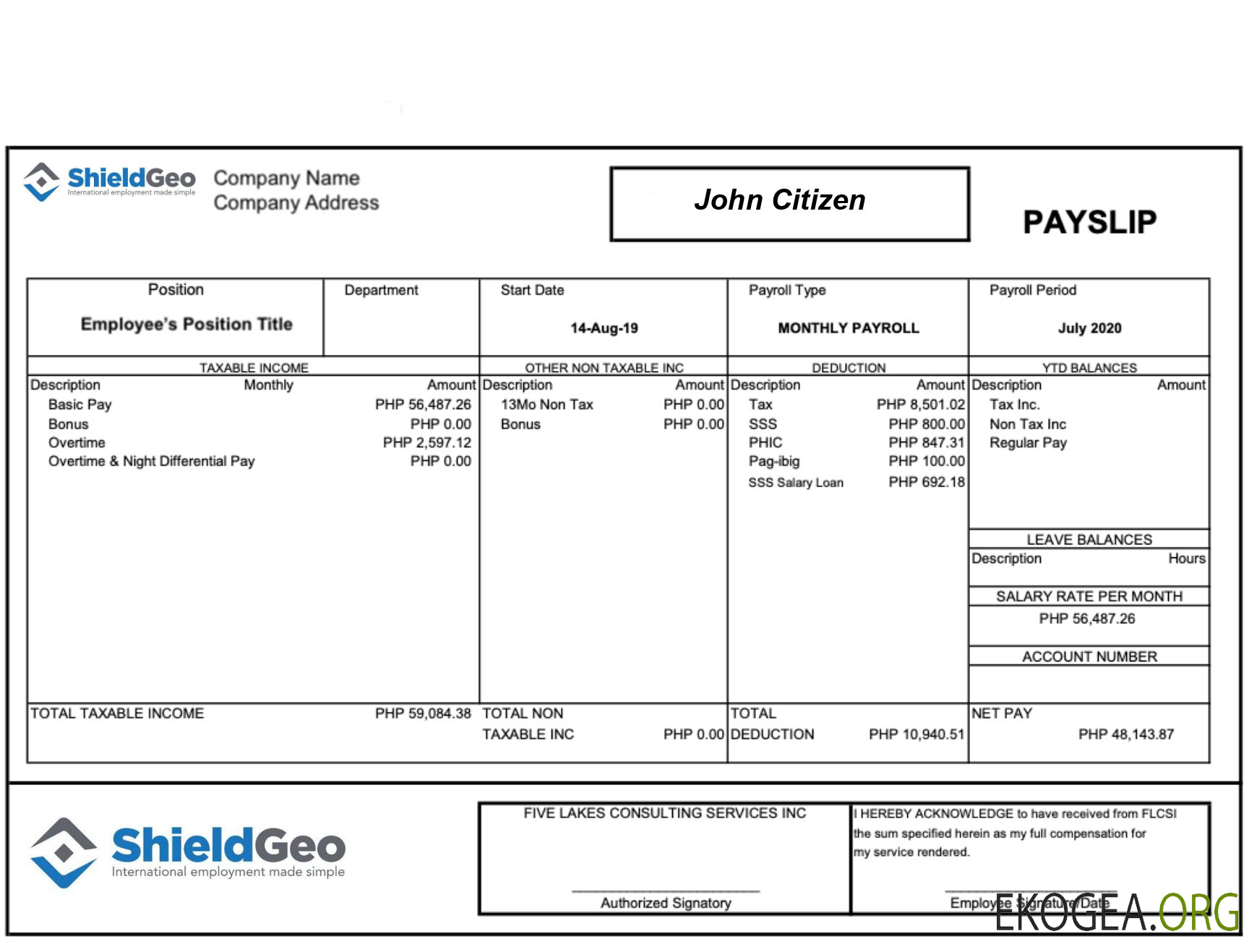 Fiche de paie SHIELDGEO aux formats Word et PDF